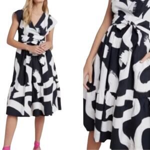 Maeve womens size 0 xs dress black white abstract guest summer cotton tie v neck